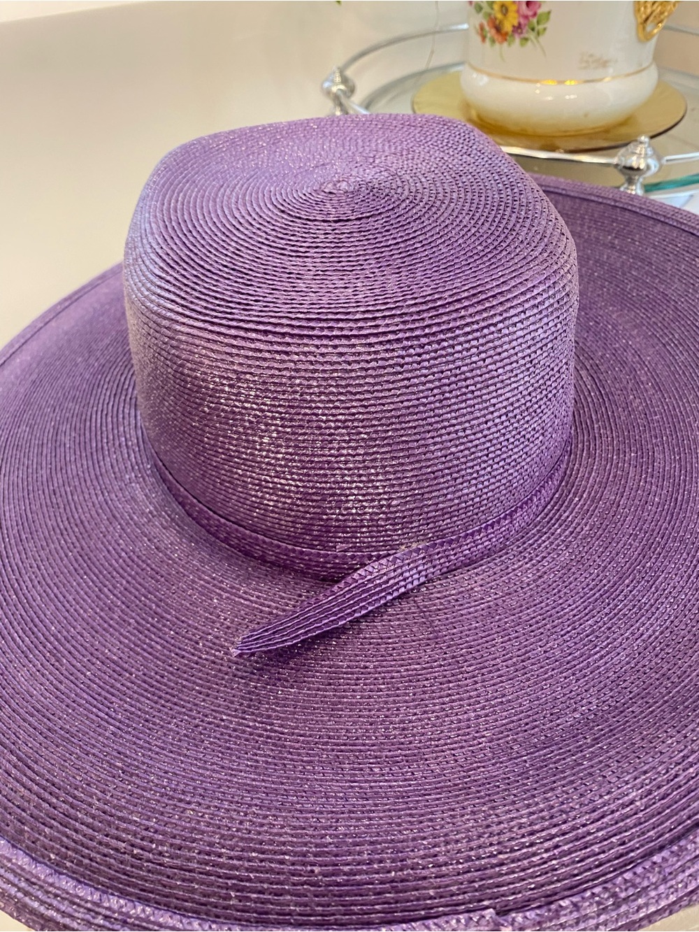 Vintage 90s Eric Javits Straw Sun Hat Lilac Wide 5" Brim